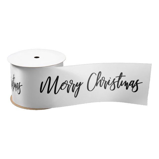 Merry Christmas Calligraphy Black White Holiday Satin Ribbon (Spool)