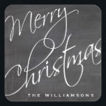 Merry Christmas Calligraphy Chalkboard Custom Square Sticker<br><div class="desc">An festive Merry Christmas sticker featuring a calligraphy script font set against a black chalkboard background.  The perfect sticker for your holiday packages and gifts.  Add your name to customize.</div>