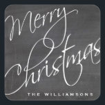 Merry Christmas Calligraphy Chalkboard Custom Square Sticker<br><div class="desc">An festive Merry Christmas sticker featuring a calligraphy script font set against a black chalkboard background.  The perfect sticker for your holiday packages and gifts.  Add your name to customize.</div>