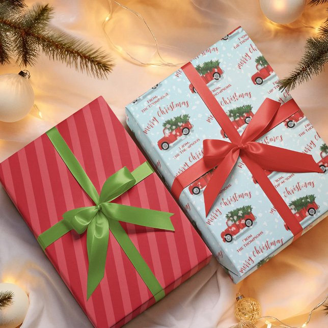 Merry Christmas Calligraphy Cute Rustic Red Truck Wrapping Paper Sheet (Merry Christmas red truck calligraphy script wrapping paper sheets. )