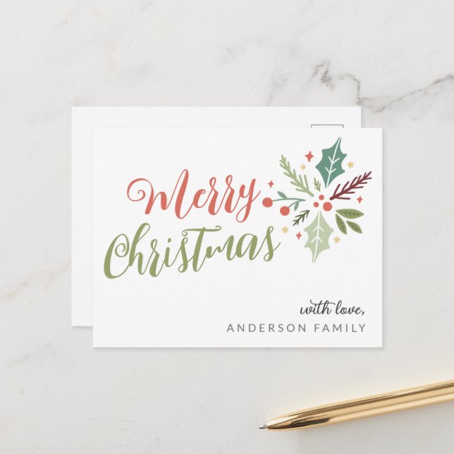 Merry Christmas Calligraphy Foliage  Postcard (Front/Back In Situ)