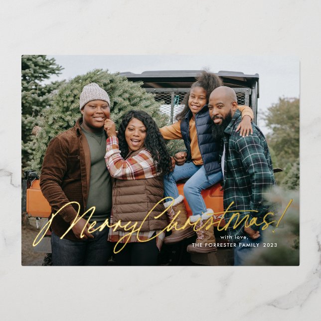 Merry Christmas Calligraphy Handwriting Photo Foil Holiday Postcard (Front)