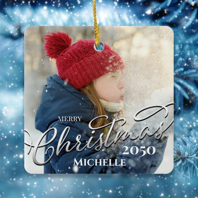 Merry Christmas Calligraphy Navy Blue Plaid Photo Ceramic Ornament (Merry Christmas holiday silver calligraphy script photo ceramic square ornament)
