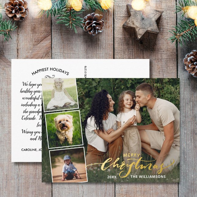 Merry Christmas Calligraphy Photo Collage, Gold Foil Holiday Postcard (Creator Uploaded)