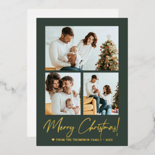 Merry Christmas Calligraphy Photo Modern Green Foil Holiday Card