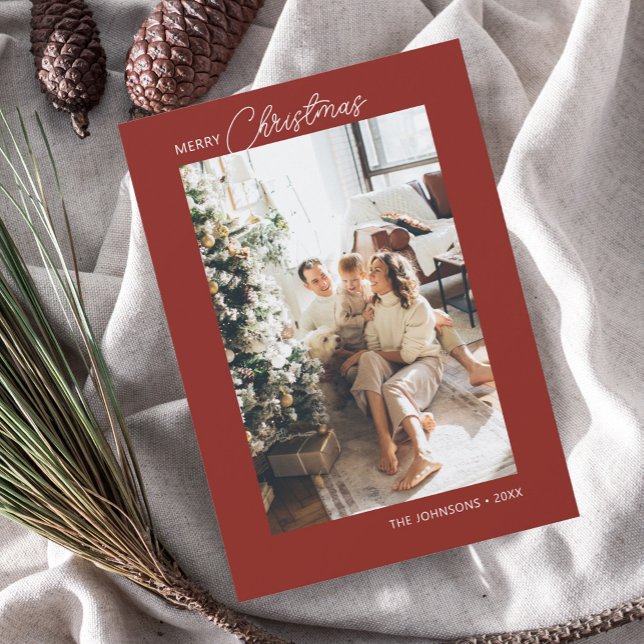 Merry Christmas Calligraphy Photo Red Holiday Card (Creator Uploaded)