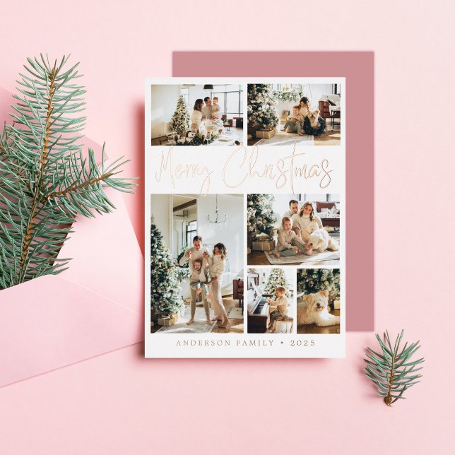 Merry Christmas Calligraphy Photo Rose Gold  Foil Holiday Card (Creator Uploaded)