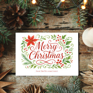 Merry Christmas Calligraphy Red Poinsettias Holiday Card