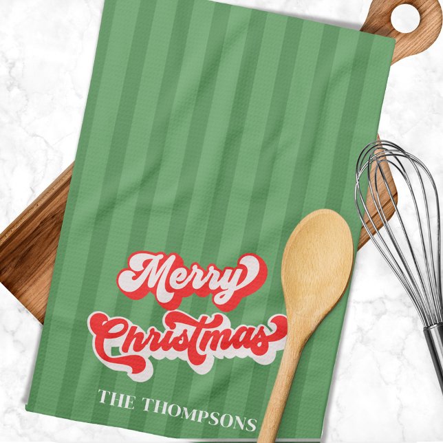 Merry Christmas Calligraphy Retro Style Red Green  Kitchen Towel (Whimsical red and green script. )