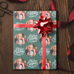 Merry Christmas Calligraphy Round Photo Green Wrapping Paper<br><div class="desc">Photo wrapping paper, personalized with your picture and hand lettered with Merry Christmas in brushed calligraphy. The photo template is set up to display your picture in a round shape. If you have any problems with picture placement, try cropping your photo to a square and re-uploading it. The background colour...</div>