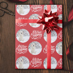Merry Christmas Calligraphy Round Photo Red Wrapping Paper<br><div class="desc">Photo wrapping paper, personalized with your picture and hand lettered with Merry Christmas in brushed calligraphy. The photo template is set up to display your picture in a round shape. If you have any problems with picture placement, try cropping your photo to a square and re-uploading it. The background colour...</div>