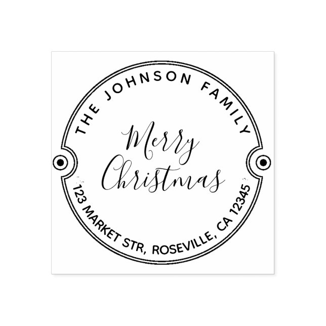 Merry Christmas Calligraphy Round Return Address R Rubber Stamp (Imprint)