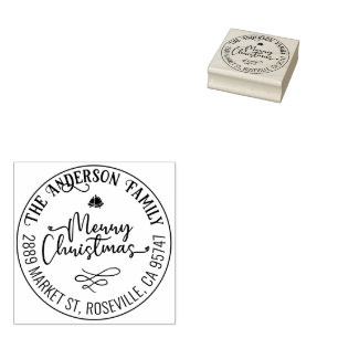 Merry Christmas Calligraphy Round Return Address Rubber Stamp