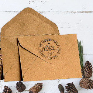 Merry Christmas Calligraphy Round Return Address Rubber Stamp