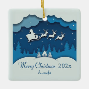 Merry Christmas Calligraphy Santa Sleigh Reindeer Ceramic Ornament