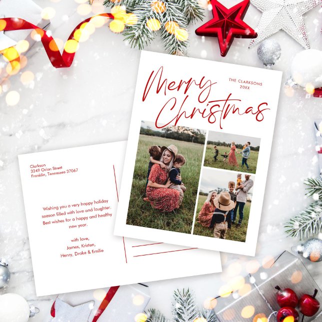 Merry Christmas Calligraphy Script 3 Photo Holiday Postcard (Creator Uploaded)