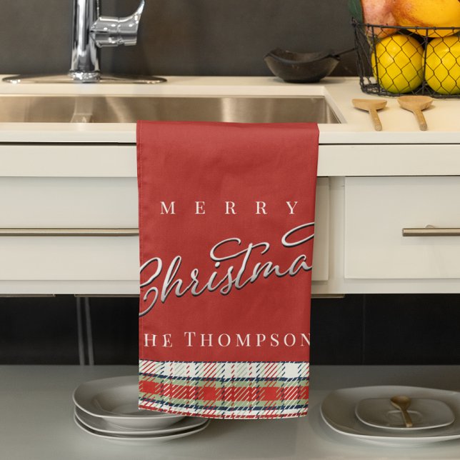 Merry Christmas Calligraphy Script Cute Red Plaid  Kitchen Towel (Merry Christmas classic red custom kitchen towel)