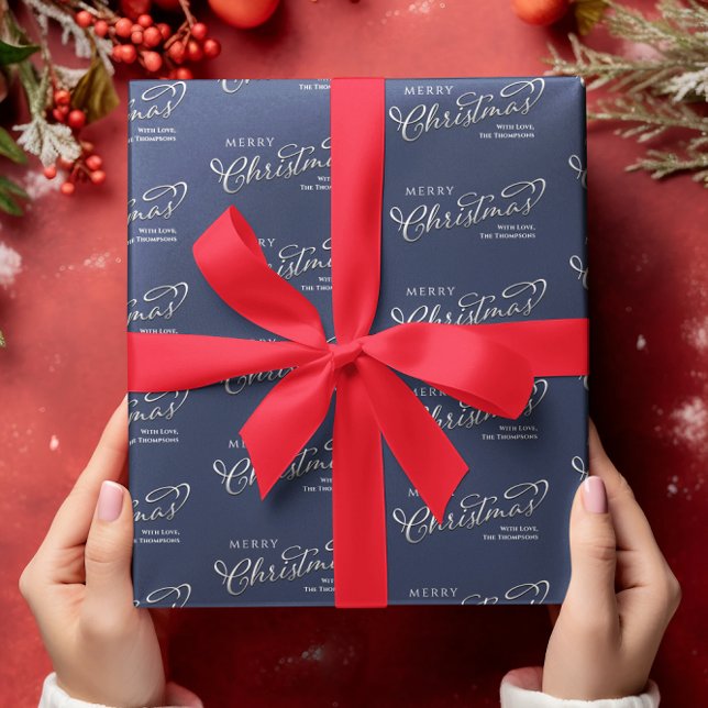 Merry Christmas Calligraphy Script Navy Blue Cute Wrapping Paper (Merry Christmas custom navy blue and silver wrapping paper. )