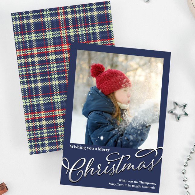 Merry Christmas Calligraphy Script Navy Blue Plaid Holiday Card (Merry Christmas Navy Blue winter plaid holiday photo card.)