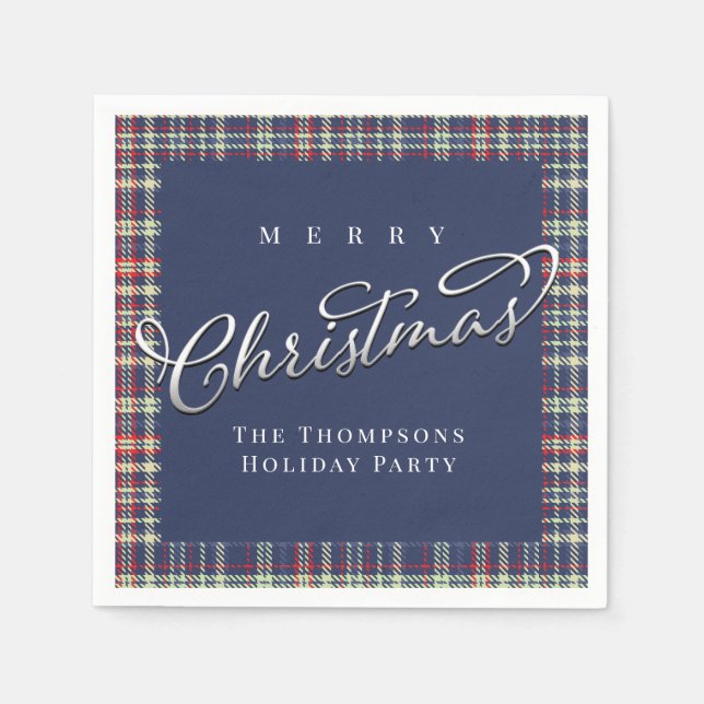 Merry Christmas Calligraphy Script Navy Blue Plaid Napkin (Front)
