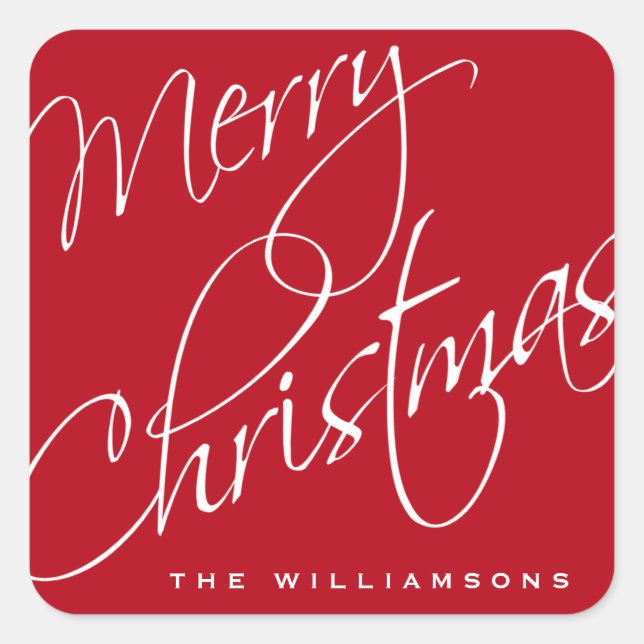 Merry Christmas Calligraphy Script Red Custom Square Sticker (Front)