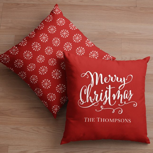 Merry Christmas Calligraphy Script Red Snowflake  Throw Pillow (Merry Christmas holiday white calligraphy script holiday pattern throw pillow)