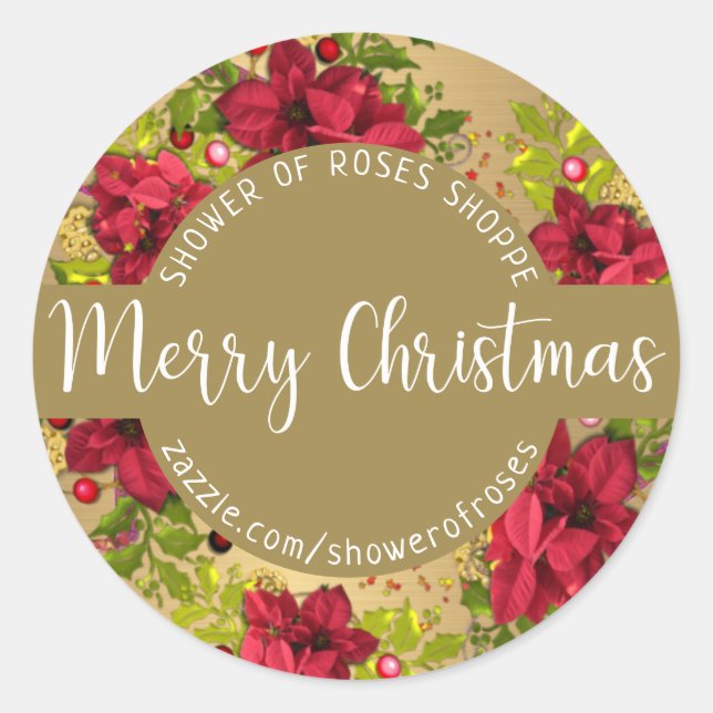 Merry Christmas Calligraphy with Pointsettias Classic Round Sticker (Front)