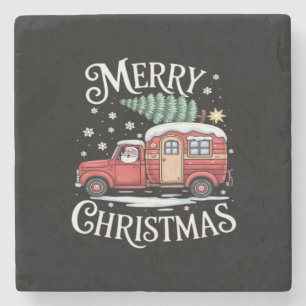 Merry Christmas Camping Cute Santa Claus Truck Ess Stone Coaster