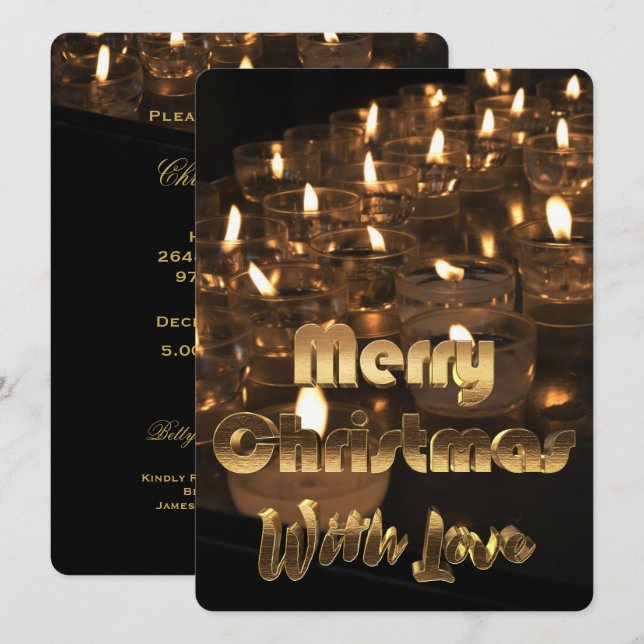 Merry Christmas Candle Lights Black Gold Text Invitation (Front/Back)