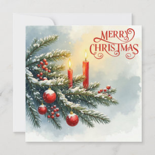 Merry Christmas Candles, Berries and Ornaments Holiday Card