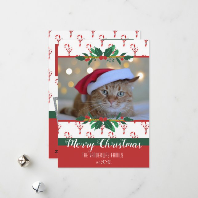 Merry Christmas Candy Cane Bows Photo Holiday Card (Front/Back In Situ)