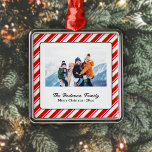 Merry Christmas Candy Cane Custom Photo Metal Ornament<br><div class="desc">Candy cane red and white stripes with a Merry Christmas message and family name and year.</div>