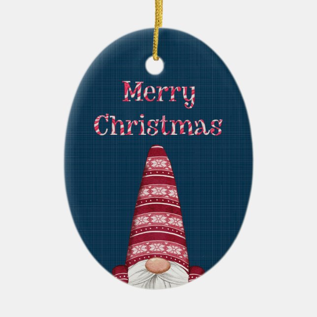 Merry Christmas Candy Cane Gnome Customizable Ceramic Ornament (Front)