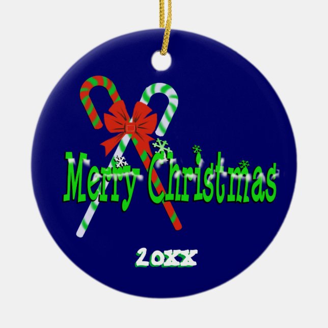 Merry Christmas Candy Canes Ceramic Ornament (Front)