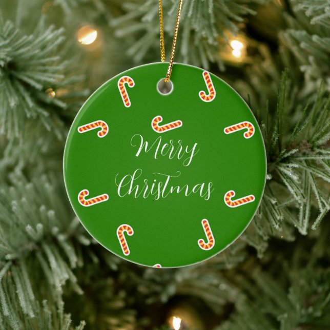 Merry Christmas candy canes green Ceramic Ornament (Tree)