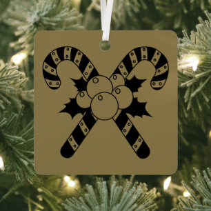 Merry Christmas Candy Canes & mistletoe Line Art M Metal Ornament
