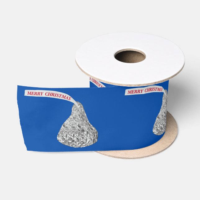 Merry Christmas Candy Kiss On Blue Satin Ribbon (Spool)