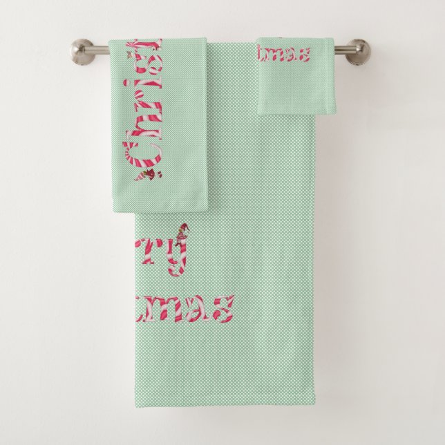 Merry Christmas Candy Swirl Winter Gnome Polka Dot Bath Towel Set (Insitu)