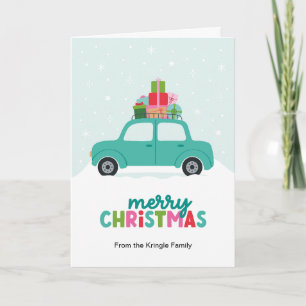 Merry Christmas Car with Gifts in Aqua Blue Holiday Card