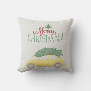 Merry Christmas Car with Tree in muted colours Throw Pillow
