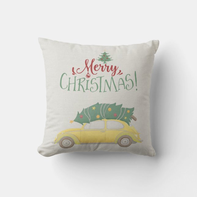 Merry Christmas Car with Tree in muted colours Throw Pillow (Front)