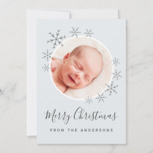 Merry Christmas card blue grey with snowflakes