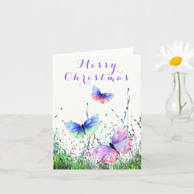 Merry Christmas Card Colourful Butterflies Flying (Small Plant)