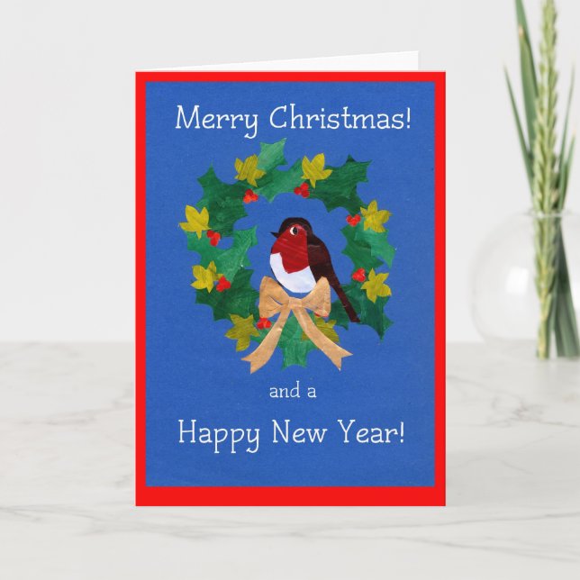 Merry Christmas Card, Robin, Holly, Ivy Wreath Holiday Card (Front)