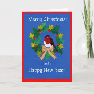 Merry Christmas Card, Robin, Holly, Ivy Wreath Holiday Card