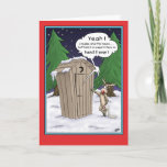 Merry Christmas Card: The List Holiday Card<br><div class="desc">A funny cartoon Christmas greeting card with a humourous cartoon of a reindeer standing outside an outhouse with the “Naughty or Nice List” in a discussion with the Santa Claus. The inside of the card reads “Woo . . . Hoooo! The list is in the toilet! (Naughty or Nice?) Wishing...</div>