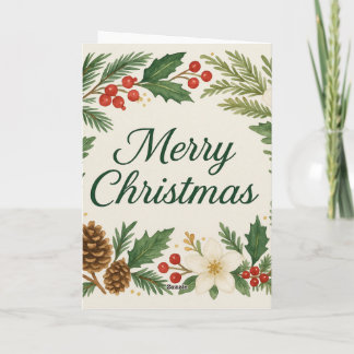 Merry Christmas Card Winter Florals Pine Branches 