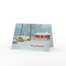 Merry Christmas Card with a Snowy Farm Scene