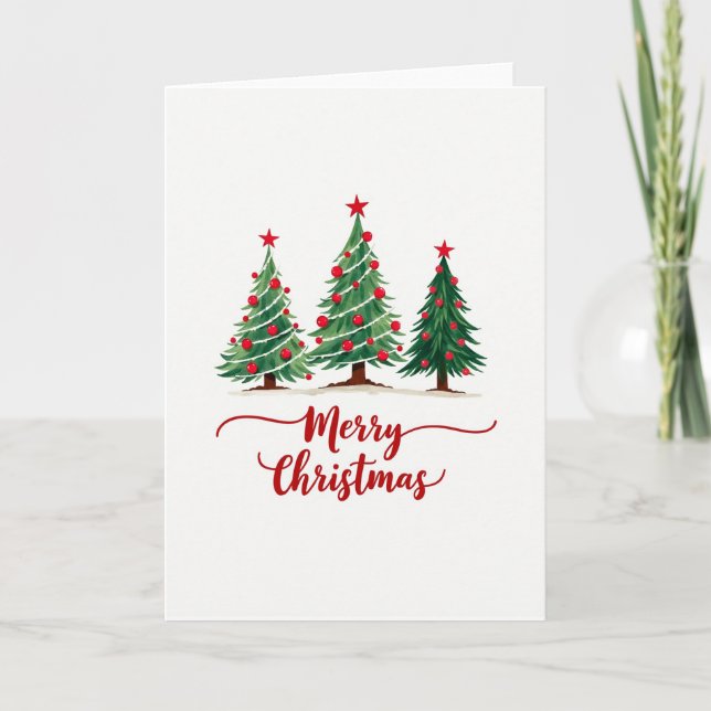 Merry Christmas Card with Three Watercolor Pines (Front)