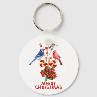 Merry Christmas Cardinal Blue Jay Chickadee Keychain